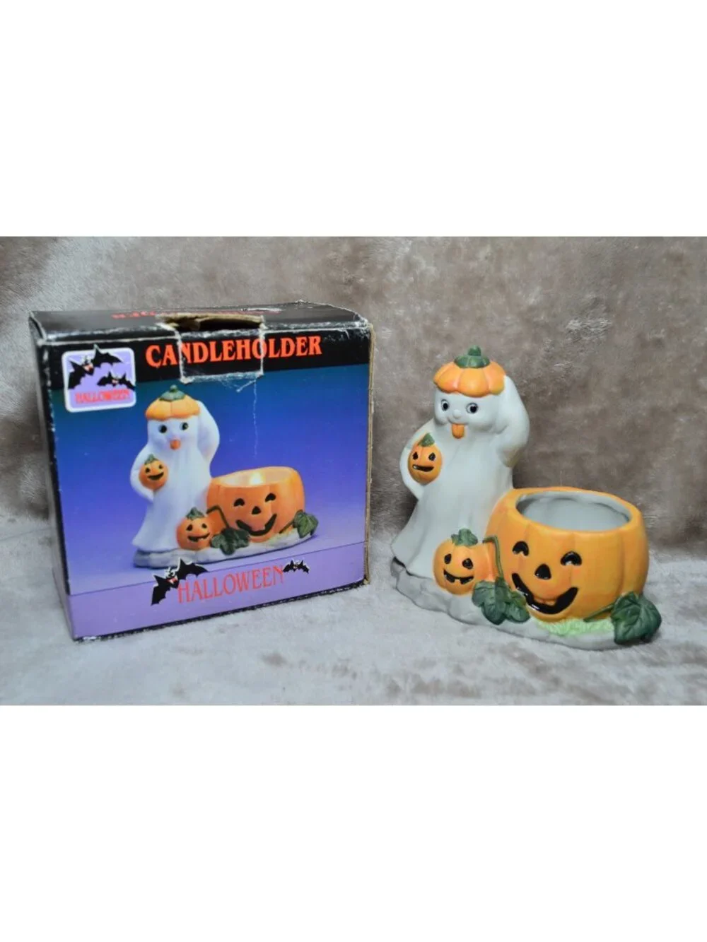 Vintage Ceramic Halloween Ghost Pumpkin Candle Holder Jack O Lantern Retro